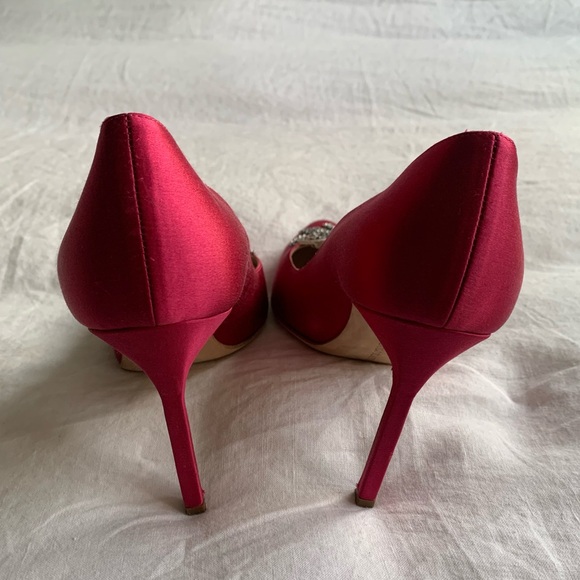 Manolo Blahnik Swan Embellished Satin Pump Heels Silver Sequin Hot Pink Fuschia - Picture 6 of 11
